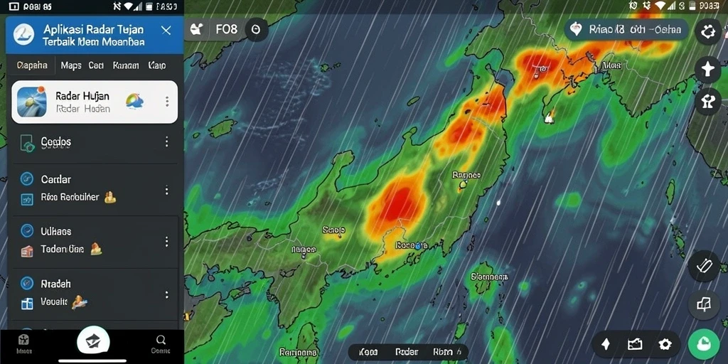 Screenshot menunjukkan antarmuka FO8 dengan peta radar hujan yang informatif.